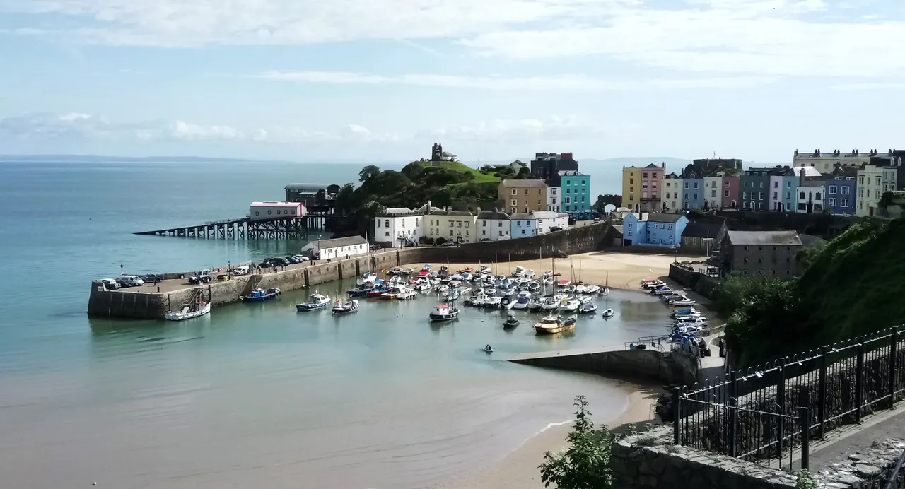 Tenby Harbour, beach and pastel-coloured houses on the Pembrokeshire coast